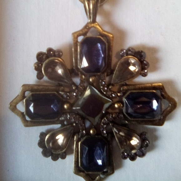 Vintage Cross Pendant Necklace Antiqued Gold Tone Blue Rhinestone, Chain - Picture 7 of 8